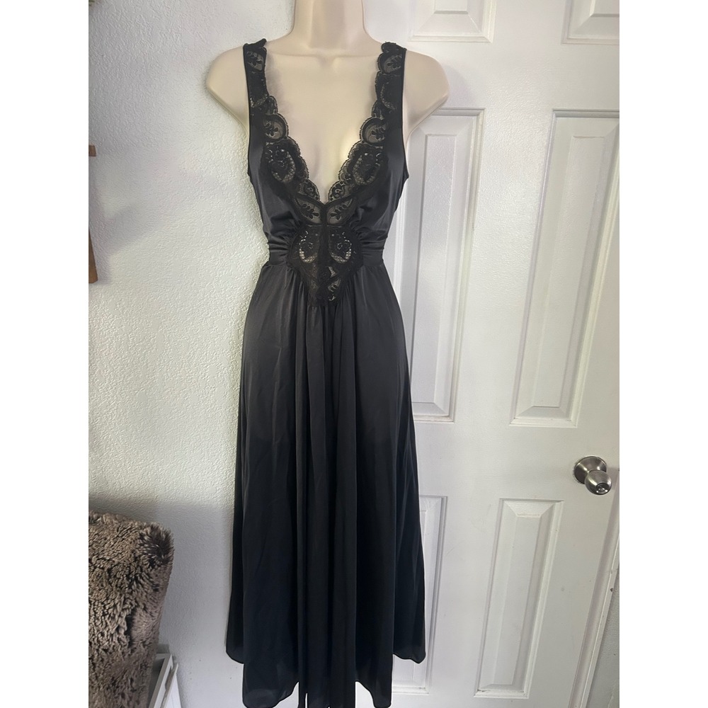 Vintage Olga Black Satin Lace Trim Nightgown Long Sleeveless V-Neck Slip Dress